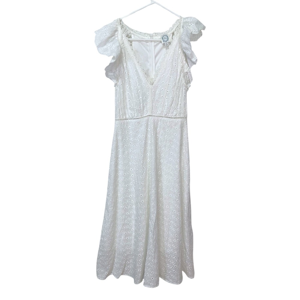 Blue Rain S White Midi Dress Eyelet Flutter Sleeve Cottagecore Romantic Boho